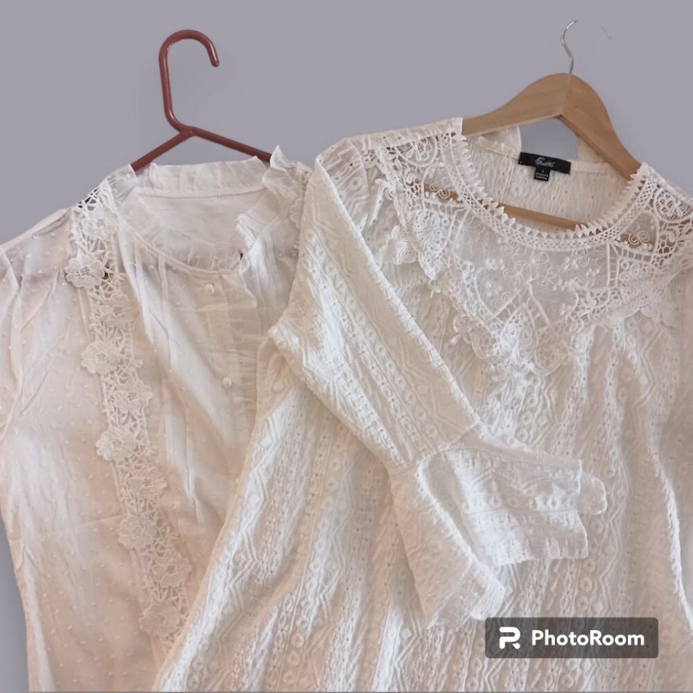 2 Large White Lace Blouses Bundle Lightweight Summer Vintage Pirate Dress Top